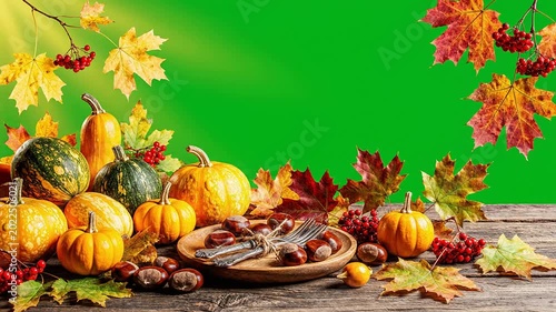 Vibrant Autumn Still Life With Pumpkins, Chestnuts And Colorful Leaves On Wooden Surface With Green Screen Background Ideal For Overlays