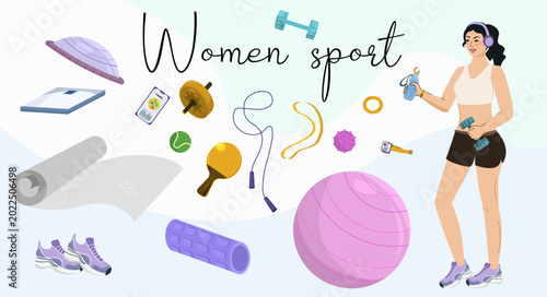 Women sport fitness flat illustration set with girl character and equipment on pastel background Flat cartoon illustration set featuring a sporty woman with headphones and a collection of fitness 