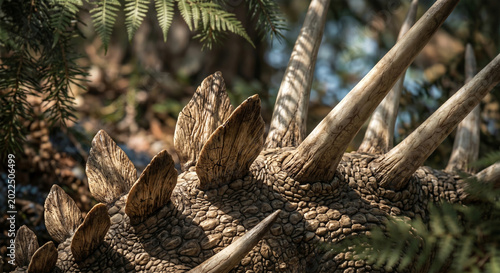 A macro-detail shot focusing purely on the intersection of the small plates and the beginning of the long spikes on a Kentrosaurus's back. 
