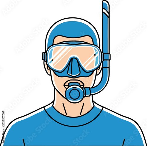 Man wearing snorkeling gear, blue, illustration