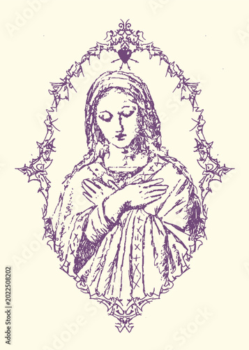 Photos Virgin mary illustration in ornate frame with religious christianity portrait de