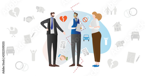 Foto Divorce mediation married couple conflict concept illustration with wife, husband and mediator lawyer discussing breakup contract, transparent background