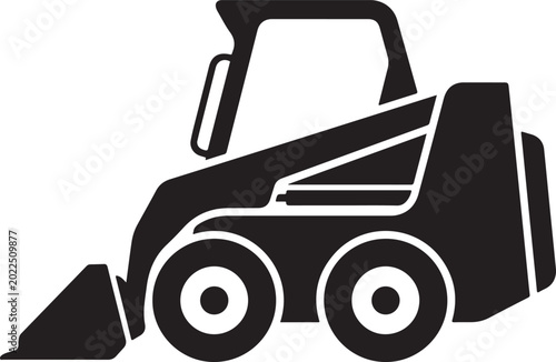Black skid steer loader icon, construction vehicle symbol, heavy equipment illustration, industrial tractor sign