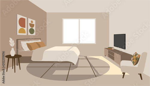 Serene bedroom interior with warm sunlight streaming through window and abstract art on wall