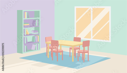 Obraz na płótnie Brightly lit dining room with simple furniture and pastel walls during daytime