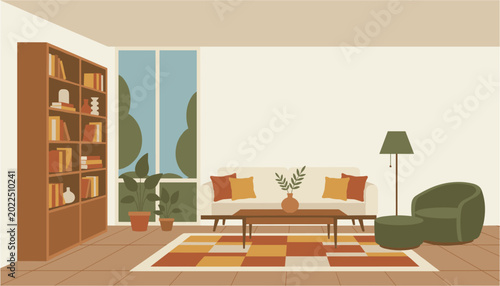 Cozy living room with bookshelf sofa and armchair during daytime with warm lighting and ample copy space
