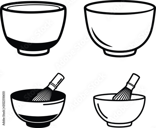 Tableau sur toile Four different Japanese tea bowls with and without whisk  tea ceremony utensils