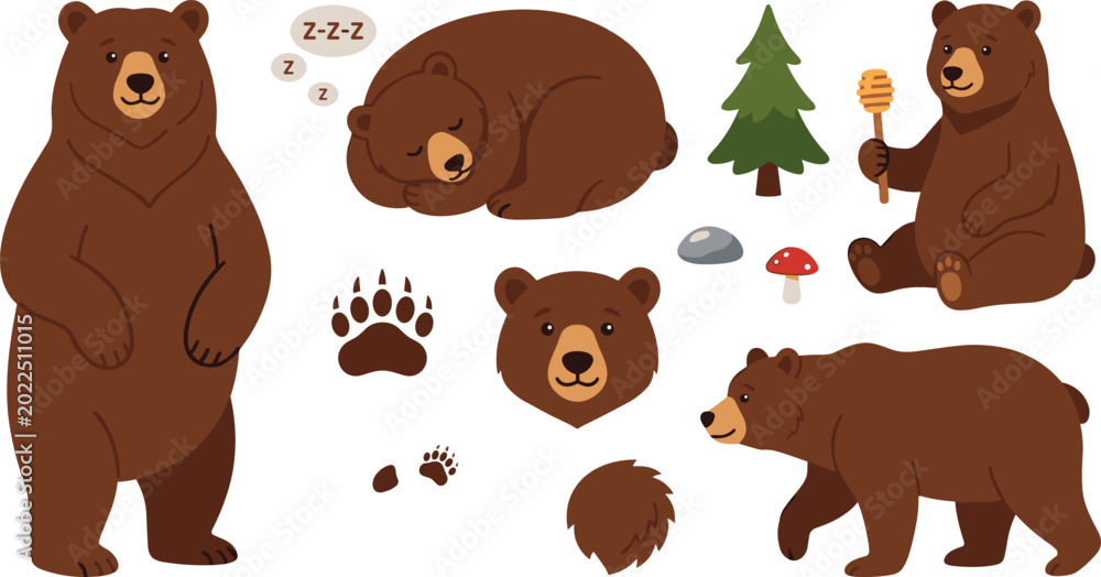 Fototapeta premium Cute Bear Illustration Set with Sleeping, Eating Honey, Paw Prints, and Forest Themes for Wildlife, Animals, and Nature