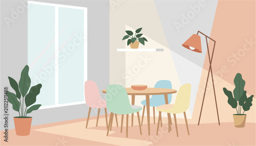 Modern dining room with pastel chairs and plants during soft afternoon light