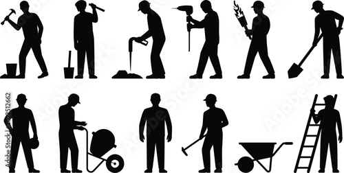 Bild auf Leinwand Construction Worker Silhouette Icon Set Featuring Tradesmen Operating Power Tool
