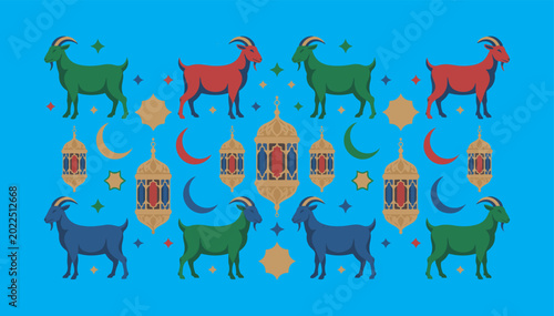 Photography Colorful Eid al-Adha Pattern with Goats Lanterns and Crescent Moons on Blue
