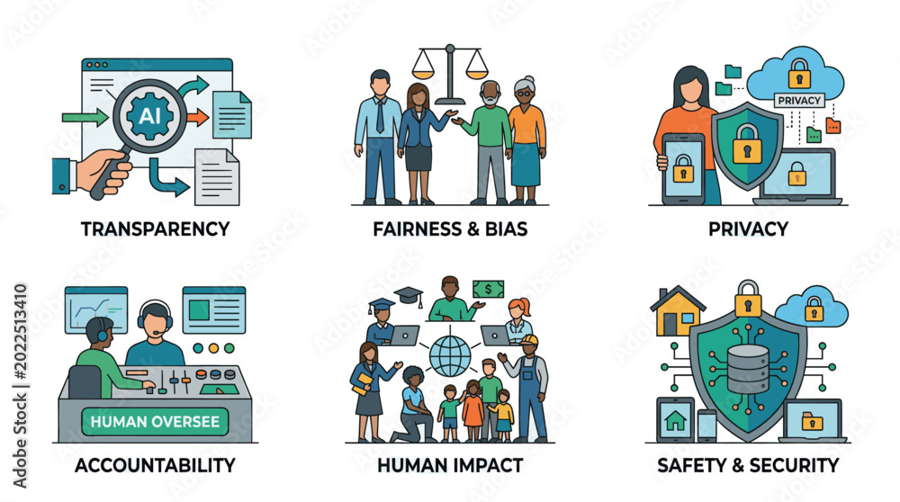 Fototapeta premium AI Ethics in Everyday Life Flat Vector Icon Set