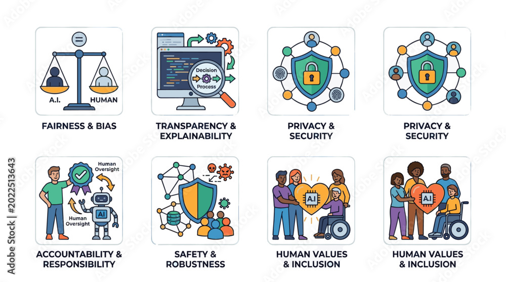Fototapeta premium AI Ethics in Everyday Life Flat Vector Icon Set