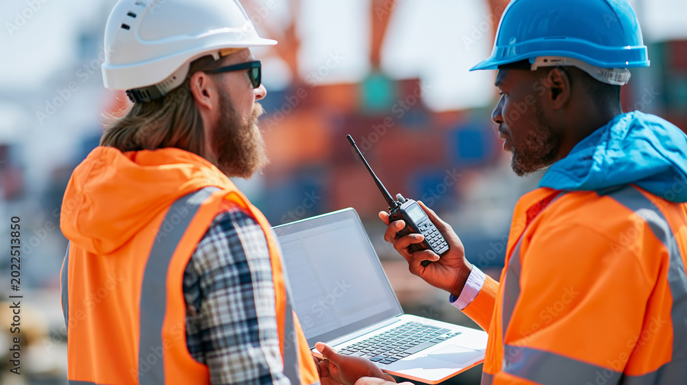 Obraz premium Rear view of a diverse port engineering team using a laptop and radio to coordinate cargo ship operations, shipyard logistics concept, port team collaboration photography, supply