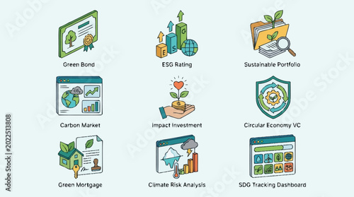 Collection of isometric icons representing sustainable finance and environmental concepts, including green bonds, ESG ratings, and carbon markets.