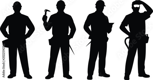 Foto Industrial Construction Workers and Tradesmen Silhouette Set Holding Hammer Clip