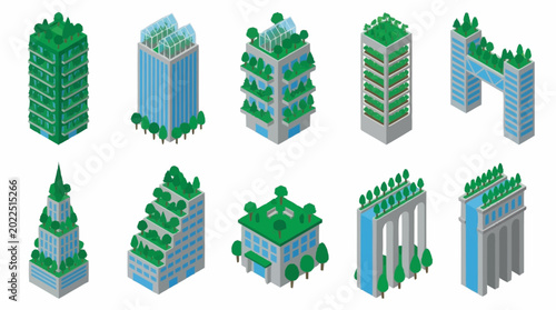 Collection of isometric green buildings with rooftop gardens and vertical greenery.