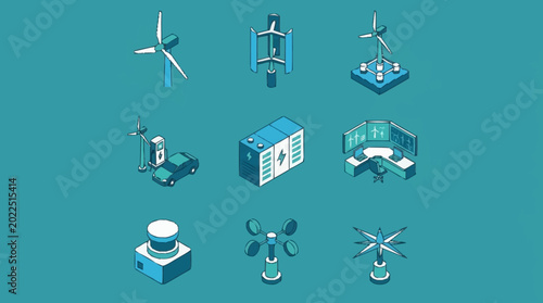 Fotografía Collection of isometric icons representing renewable energy sources and technology, including wind turbines, electric vehicles, and control centers