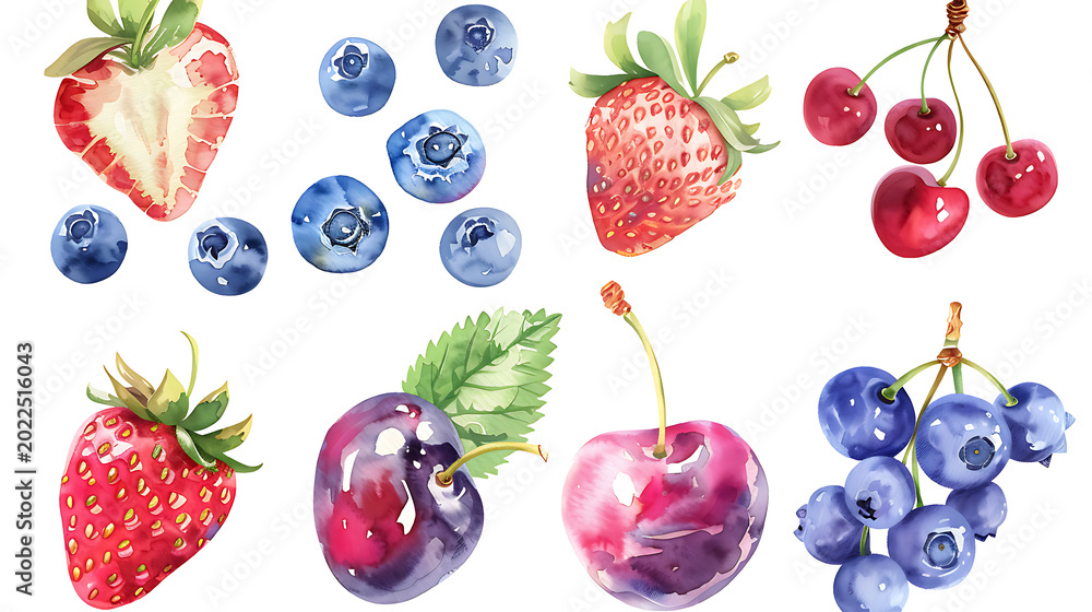 Fototapeta premium Watercolor clipart set, sweet berries, cute and whimsical style, berries include strawberries, blueberries, raspberries, blackberries, red currants and cherries with small green leaves.