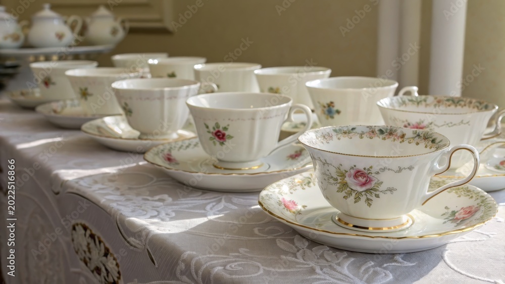 Fototapeta premium Delicate Porcelain Teacups with Floral Designs Arranged