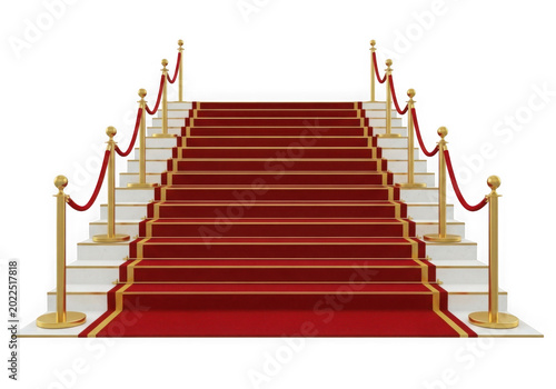 Red carpet with golden rope barriers and stairs isolated on transparent background