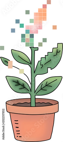 Digital Growth Concept Art of Potted Plant with Pixelated Leaves and Flowers.