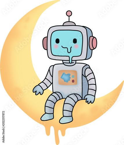 Cute little robot sitting on a melting crescent moon, kawaii character illustration in space.