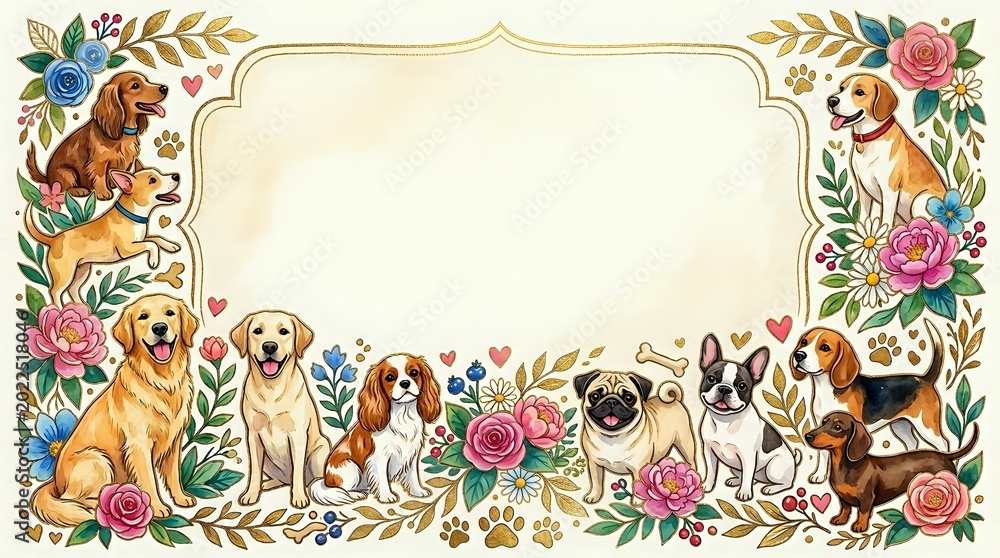 Fototapeta premium Decorative floral frame with cute cartoon dogs and puppies border design for pet lovers, greeting cards, invitations and scrapbooking projects.