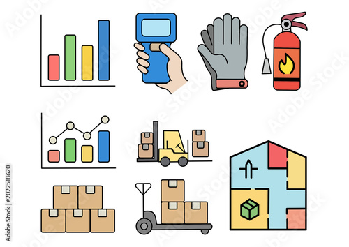Warehouse logistics and safety icons set: charts, scanner, gloves, fire extinguisher, forklift, and cargo boxes.