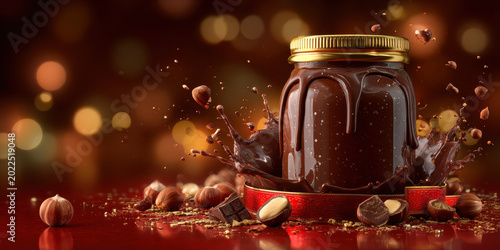 Decadent Hazelnut Spread: An enticing visual of a jar of hazelnut spread, showcasing its rich, flowing texture, with scattered nuts and chocolate fragments, creating a delicious and inviting scene.