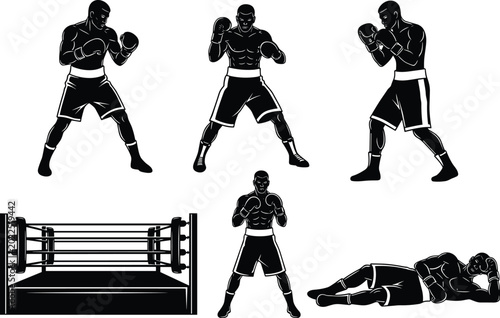 Foto Professional Boxing Icon Set with Male Boxers in Fighting Poses, Wearing Gloves