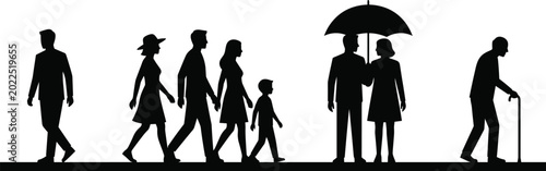 Bild auf Leinwand Silhouette progression of human life stages from youth to old age representing f