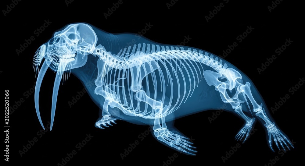 Fototapeta premium Blue Xray Walrus Skeleton Displayed on Black Background