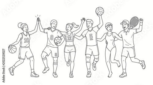 Diverse Athletes Celebrating Victory Together: Basketball, Soccer, Volleyball, Tennis, Swimming