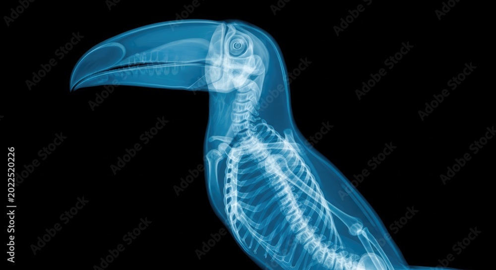 Fototapeta premium Blue Xray Toucan Skeleton Displayed on Black Background