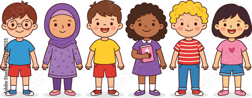 Smiling diverse children holding hands together representing friendship unity and multicultural education concept illustration