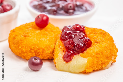 Bild auf Leinwand Cheese croquettes with cranberry sauce closeup on light background