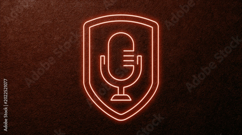 Neon microphone shield logo glowing on dark textured background, minimalist podcast security emblem, futuristic audio protection icon design for broadcasting and streaming concept