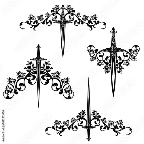 Φωτογραφία fantasy dagger knife entwined with rose flowers stems - black and white fairy ta