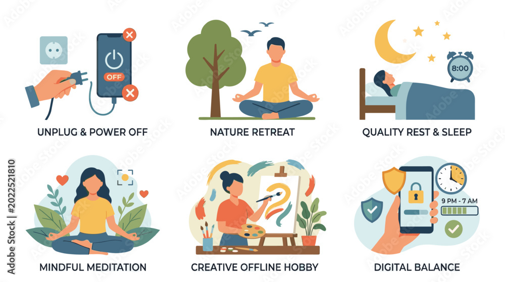 Fototapeta premium Digital Burnout Recovery and Self-Care Flat Vector Icon Set