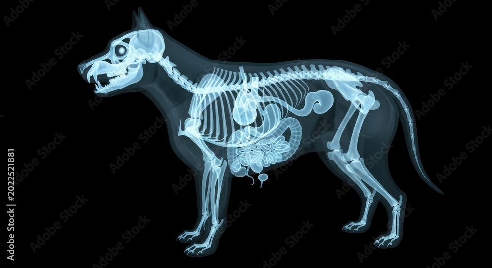 Fototapeta premium Blue Canine Xray Skeleton Standing in Side View on Black Background