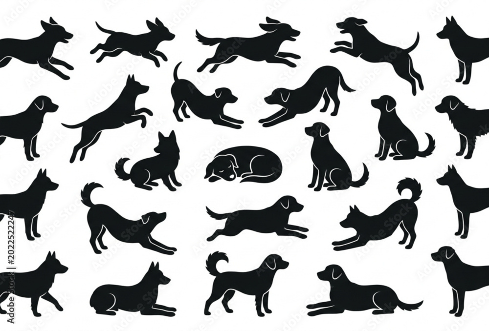 Obraz premium Dog silhouette icons collection with playful canine poses vector illustration