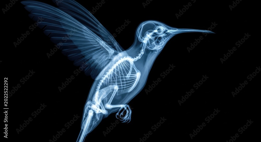 Fototapeta premium Glowing Xray Hummingbird Hovering with Spread Wing on Black Background