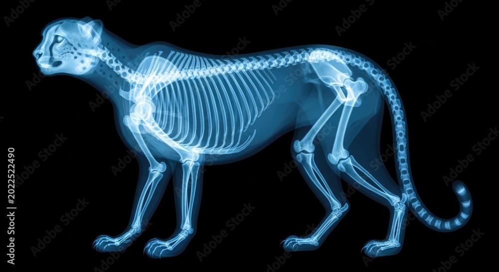 Fototapeta premium Blue Xray Cheetah Skeleton Standing in Dark Medical Scan View