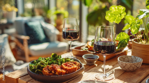 Two glasses of red wine on a wooden table, enjoying an outdoor meal on a sunny patio