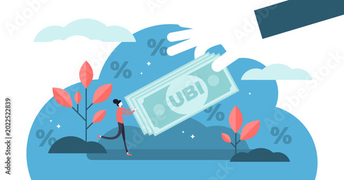 Universal basic income illustration, transparent background. Flat tiny money receiving person concept. Economical governmental income guarantee to resident citizens equality.