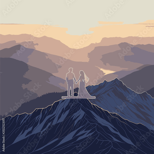 Photography Couple standing on mountain peak together.