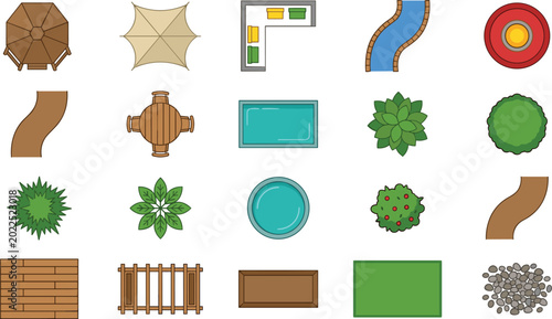 Foto Cartoon Garden Elements Including Planters, Pathways, Water Features, and Outdoo