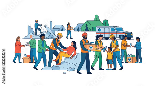 Diverse Group of Humanitarian Volunteers Providing Disaster Relief and Aid to Victims.