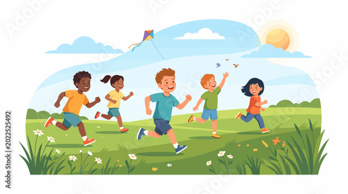 Tableau sur toile Group of diverse children running and playing together outdoors.